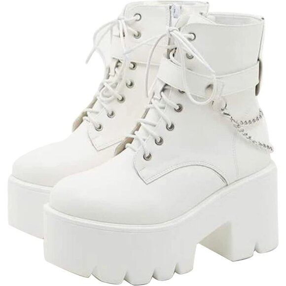 ⚡Women’s 94-1 White Combat Lightweight Side Zipper Ankle High Heel Chunky  Boots - Picture 1 of 6